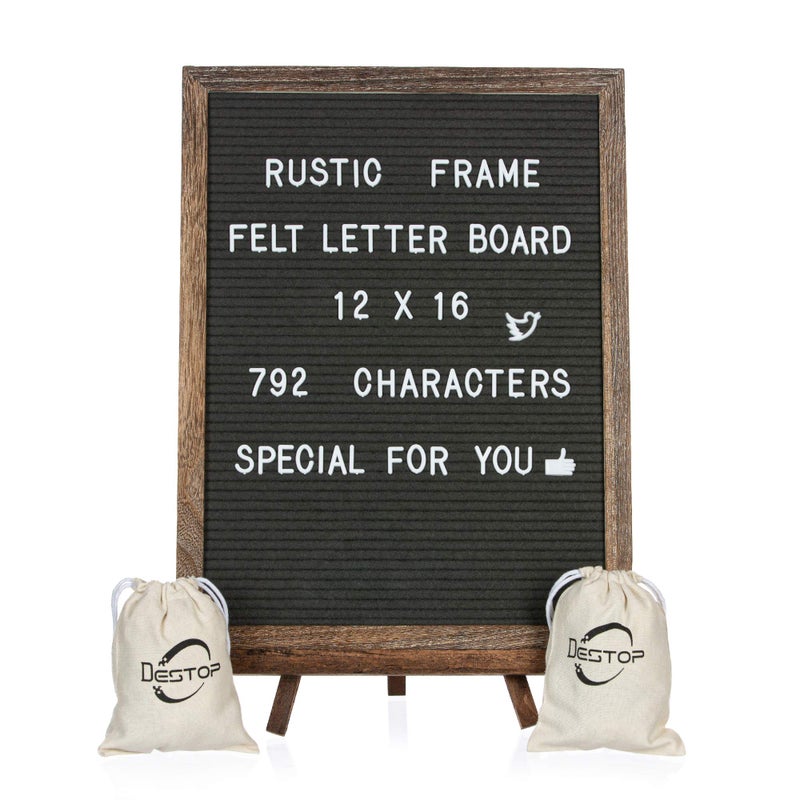 Destop Felt Letter Board with Rustic Vintage Frame and Stand 12x16 inch,Grey Changeable Letter and Message Board Includes 792 Letters, Numbers and Symbols, Hook to Hang, 2 Canvas Bags - Image 1